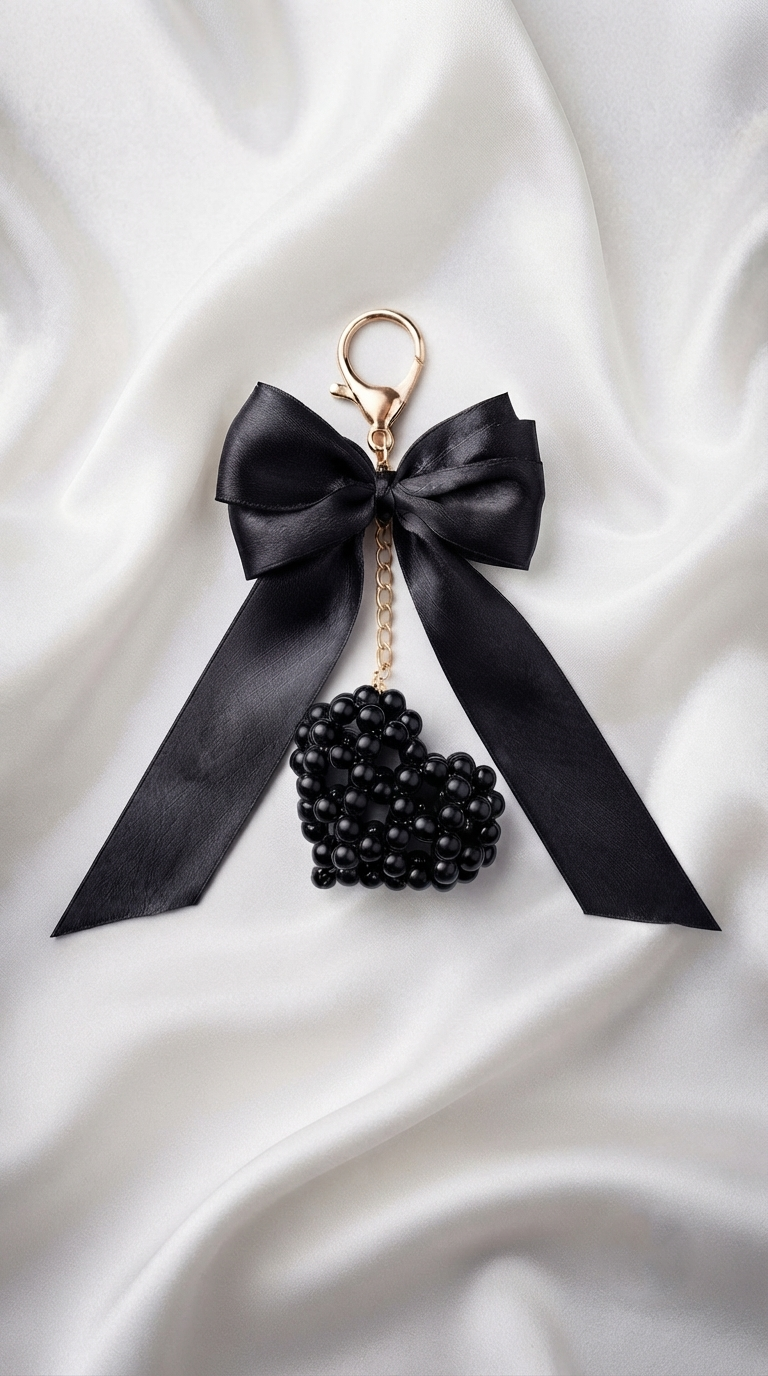 Noir Ribbon & Pearl Heart Keychain